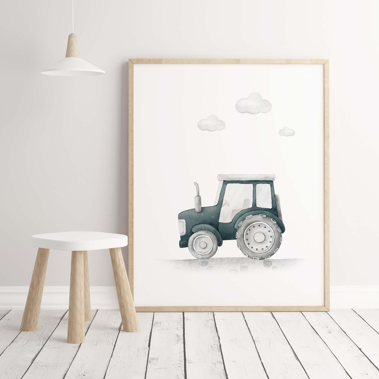 Watercolor construction vehicle printable with tractor in Sherwin Williams Riverway SW-6222 color for baby boys room decor, toddler room decor.