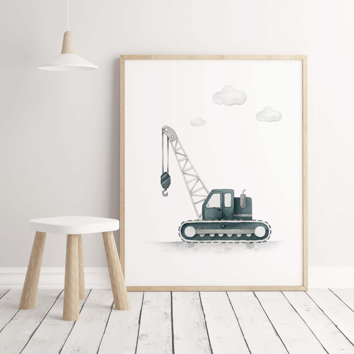 Watercolor construction vehicle print with crane in Sherwin Williams Riverway SW-6222 color for baby boys room decor, toddler room decor.