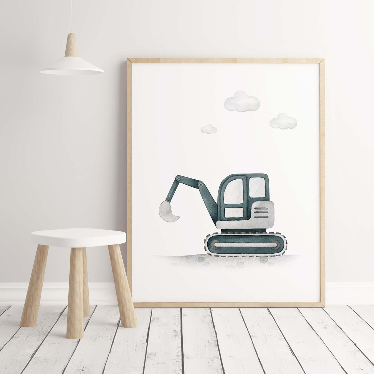 Watercolor construction vehicle poster with digger in Sherwin Williams Riverway SW-6222 color for baby boys room decor, toddler room decor.