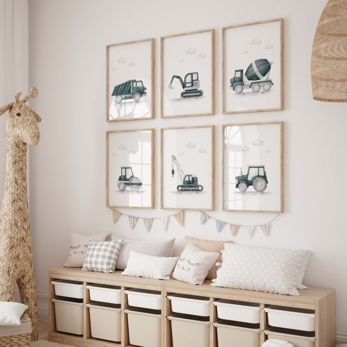 Watercolor construction vehicle prints in Sherwin Williams Riverway SW-6222 color for baby boys room decor, toddler room decor.