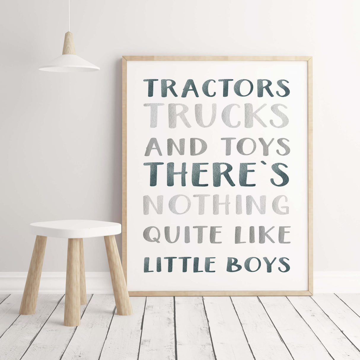 Watercolor construction vehicle printable with quote in Sherwin Williams Riverway SW-6222 color for baby boys room decor, toddler room decor, quote: tractors trucks and toys there's nothing quite like little boys.