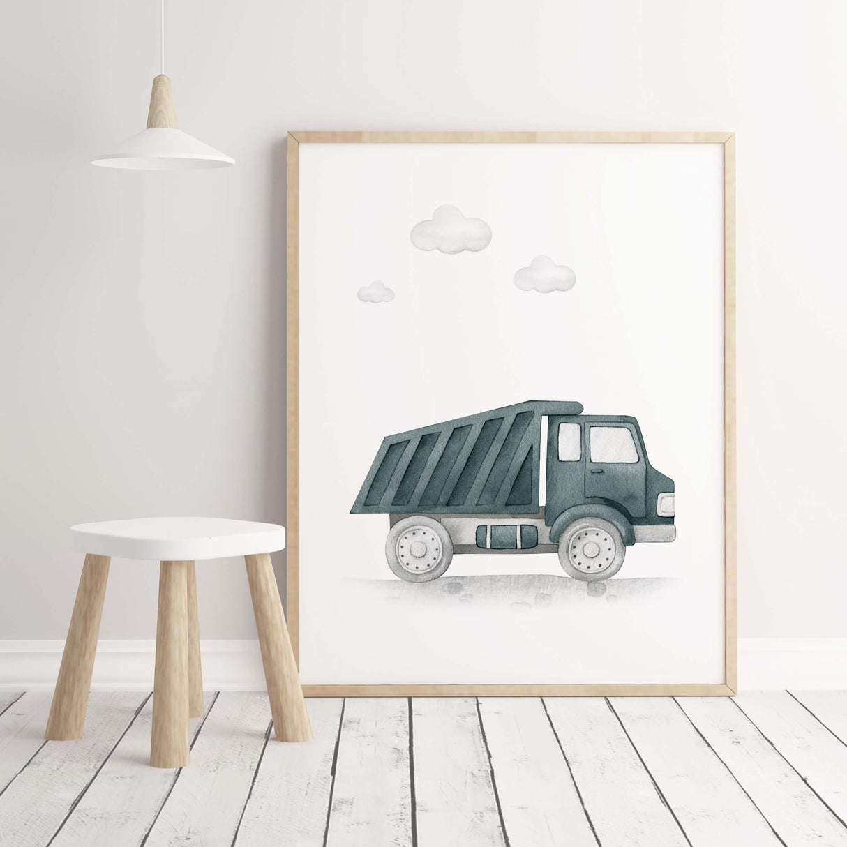 Watercolor construction vehicle printable with dump truck in Sherwin Williams Riverway SW-6222 color for baby boys room decor, toddler room decor.
