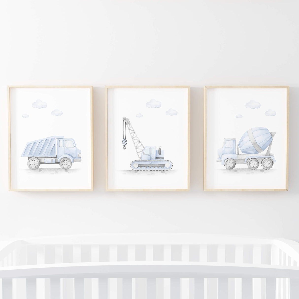 Light blue cement mixer, crane, dump truck print for toddler and baby boys room decor.