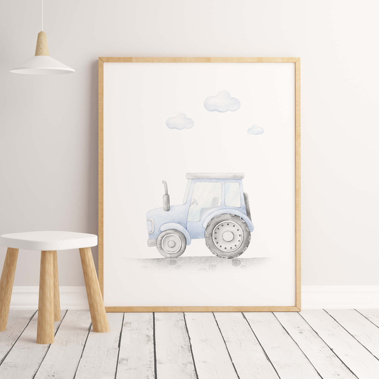 Light blue tractor print for toddler and baby boys room decor.