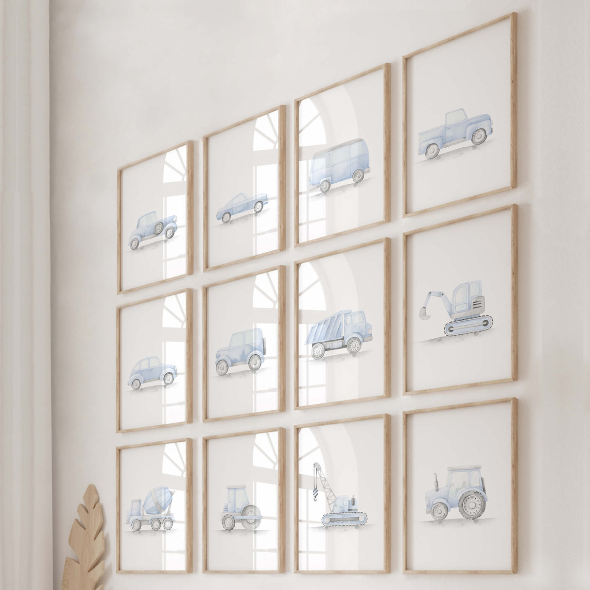 Watercolor blue construction vehicle and vintage cars print for baby boys room decor, toddler room decor, blue gray nursery decor, includes: tractor, road roller, digger, dump truck, crane, cement mixer, vintage cars.