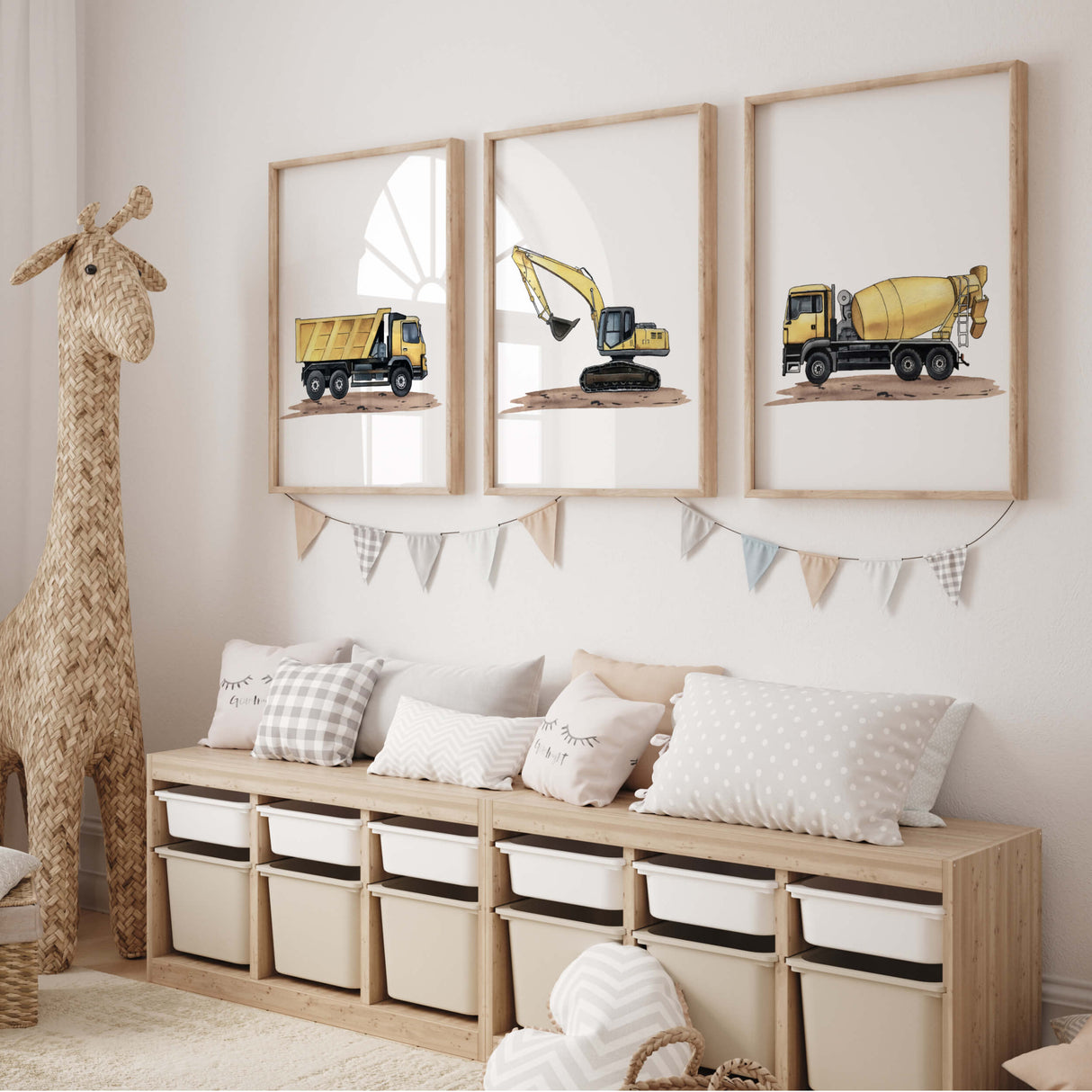 Watercolor yellow construction vehicle nursery printable for toddler room decor, baby boys room decor, kids room decor.