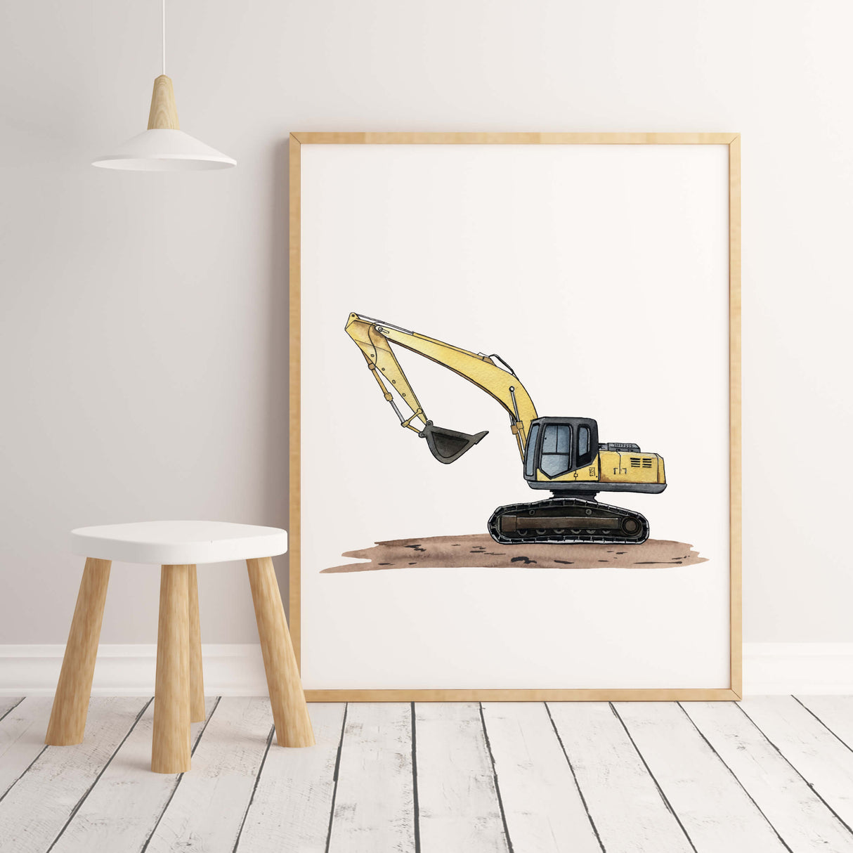Watercolor yellow construction vehicle nursery poster with excavator for toddler room decor, baby boys room decor, kids room decor.