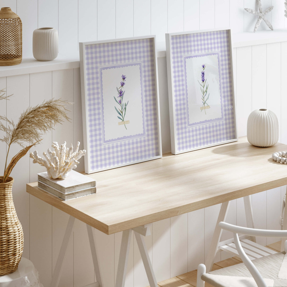 Set of 9 lavender floral printable wall art pieces with lilac gingham background
