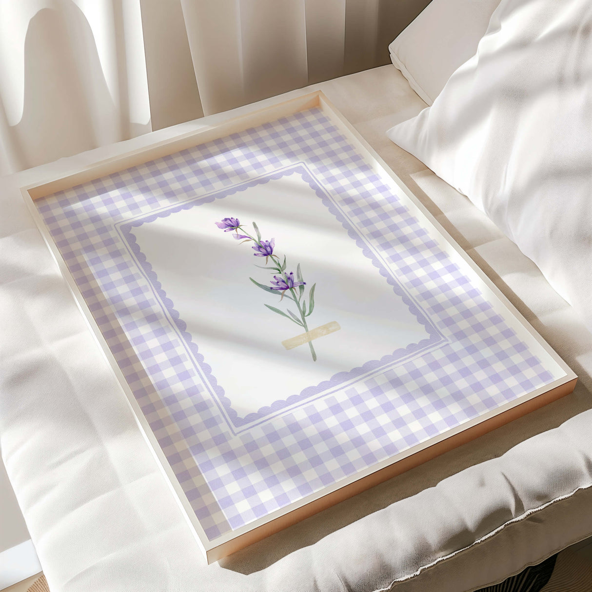 Lavender floral printable wall art pieces with lilac gingham background