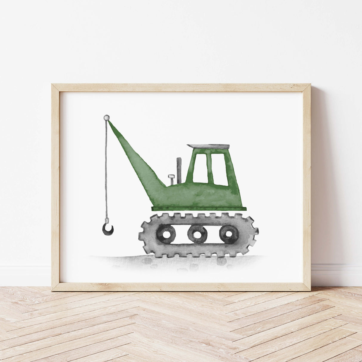 Watercolor construction vehicle print with crane in hunter green colors for toddler room decor, baby boys room decor and kids room decor.