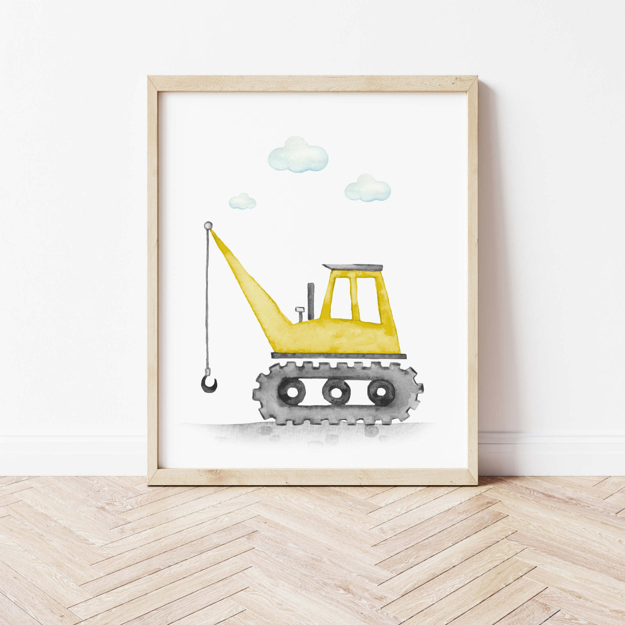 Watercolor colorful construction vehicle print with crane for toddler room decor, baby boys room decor, nursery room decor.