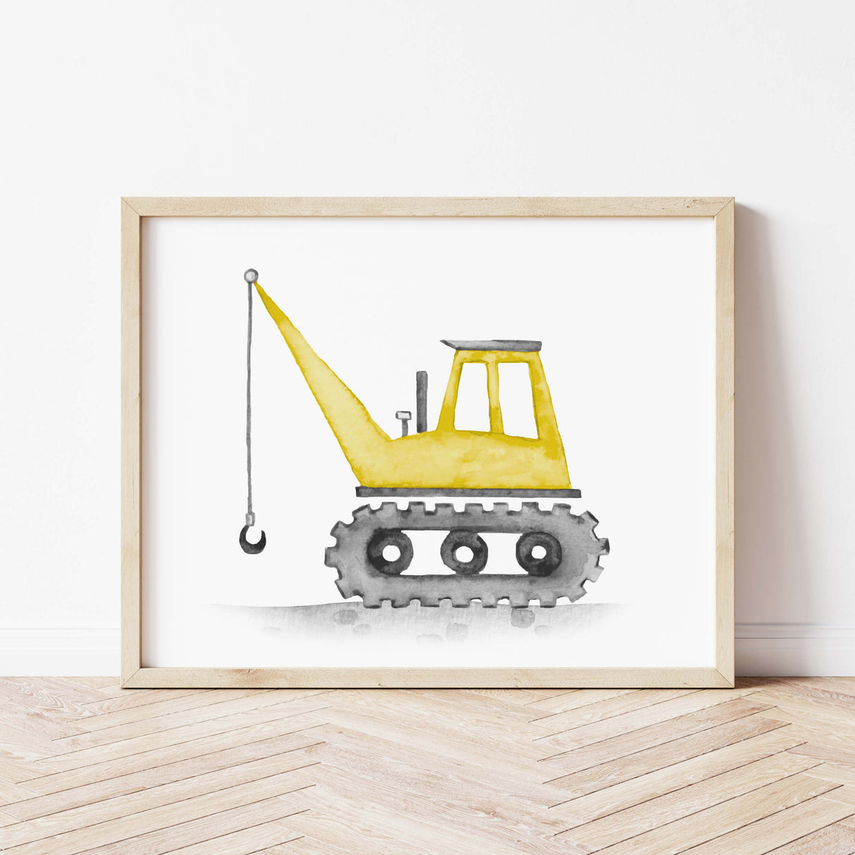 Watercolor colorful construction vehicle print with crane for toddler room decor, baby boys room decor, nursery room decor.