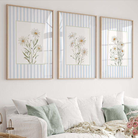 Scandinavian style blue striped daisy floral digital prints.
