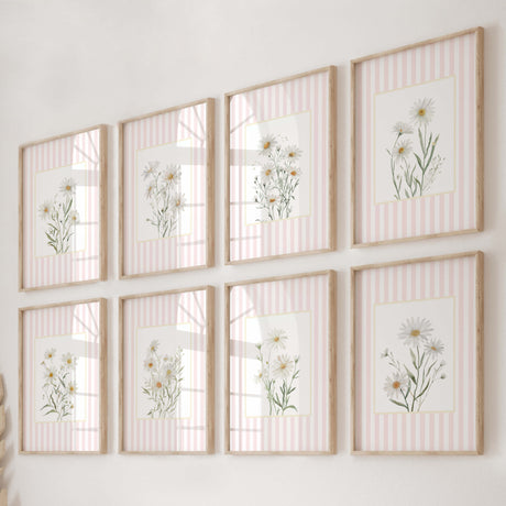 Printable daisy wall art set with pink stripes for nursery decor.