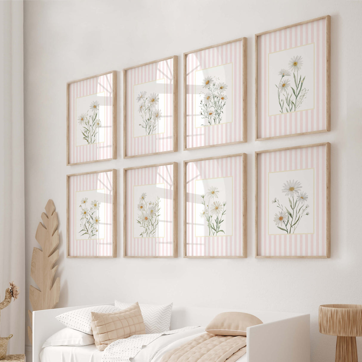 Neutral nursery flower print set featuring daisies and pink tones.