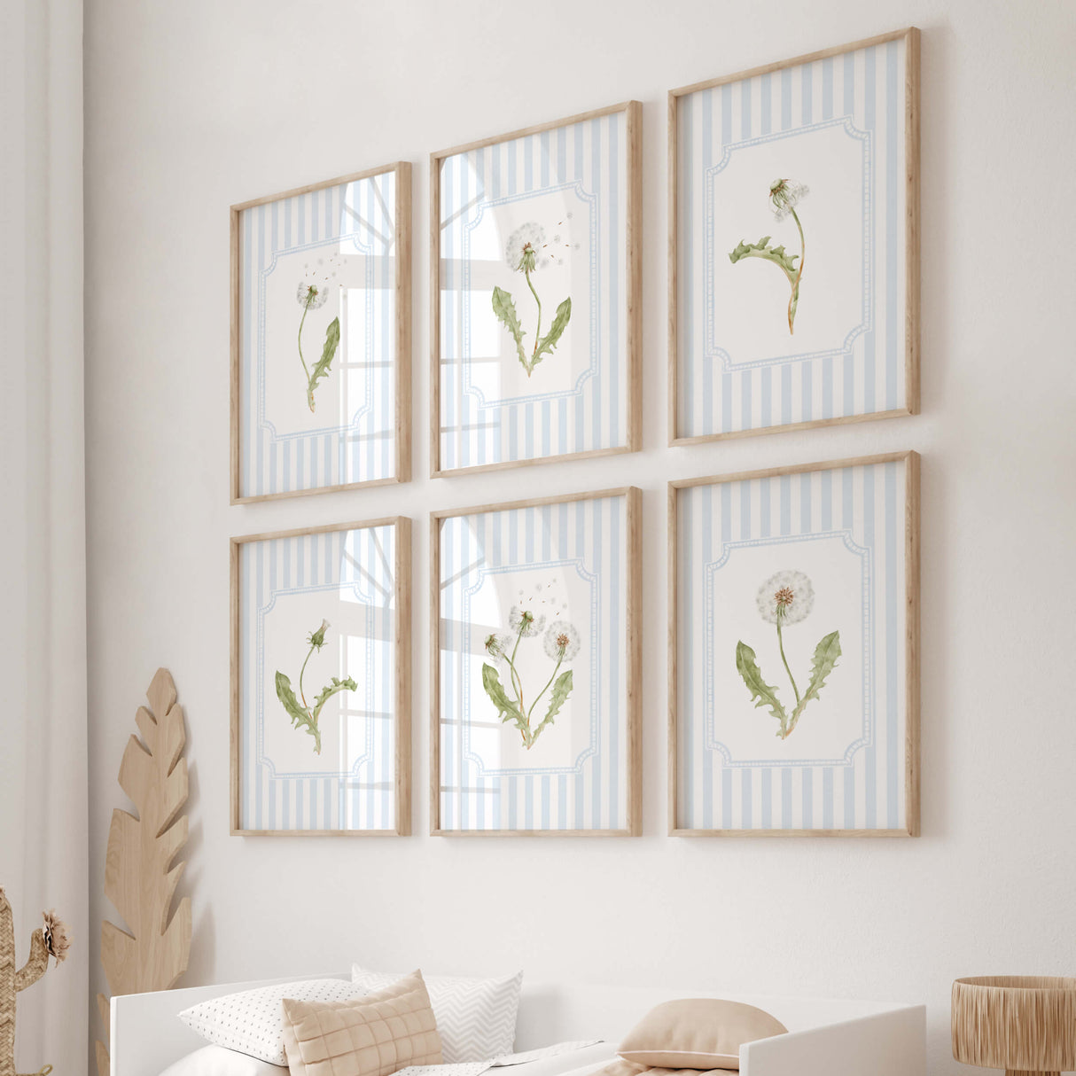 Dandelion watercolor print on light blue stripe background, minimalist botanical decor