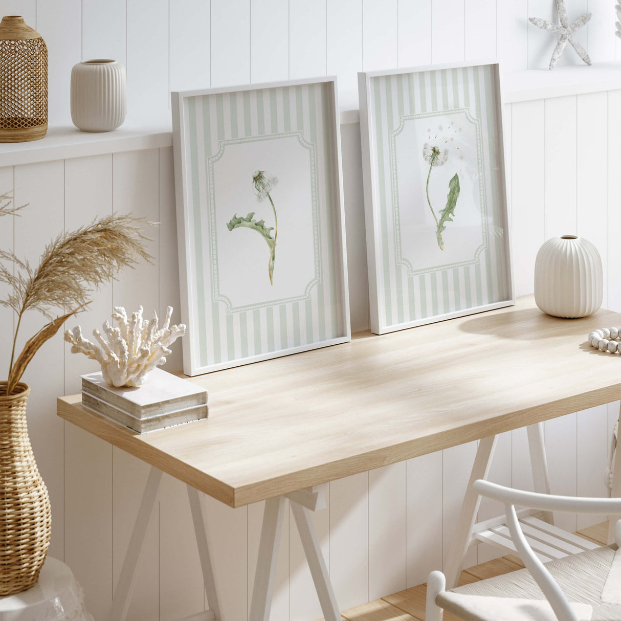 Boho botanical dandelion wall decor set of 6 sage green stripes printable flower posters