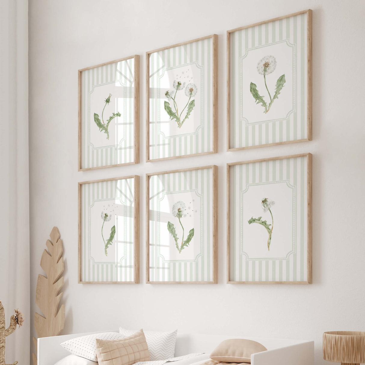 Sage green and white dandelion art prints set of 6 wildflower digital download wall art