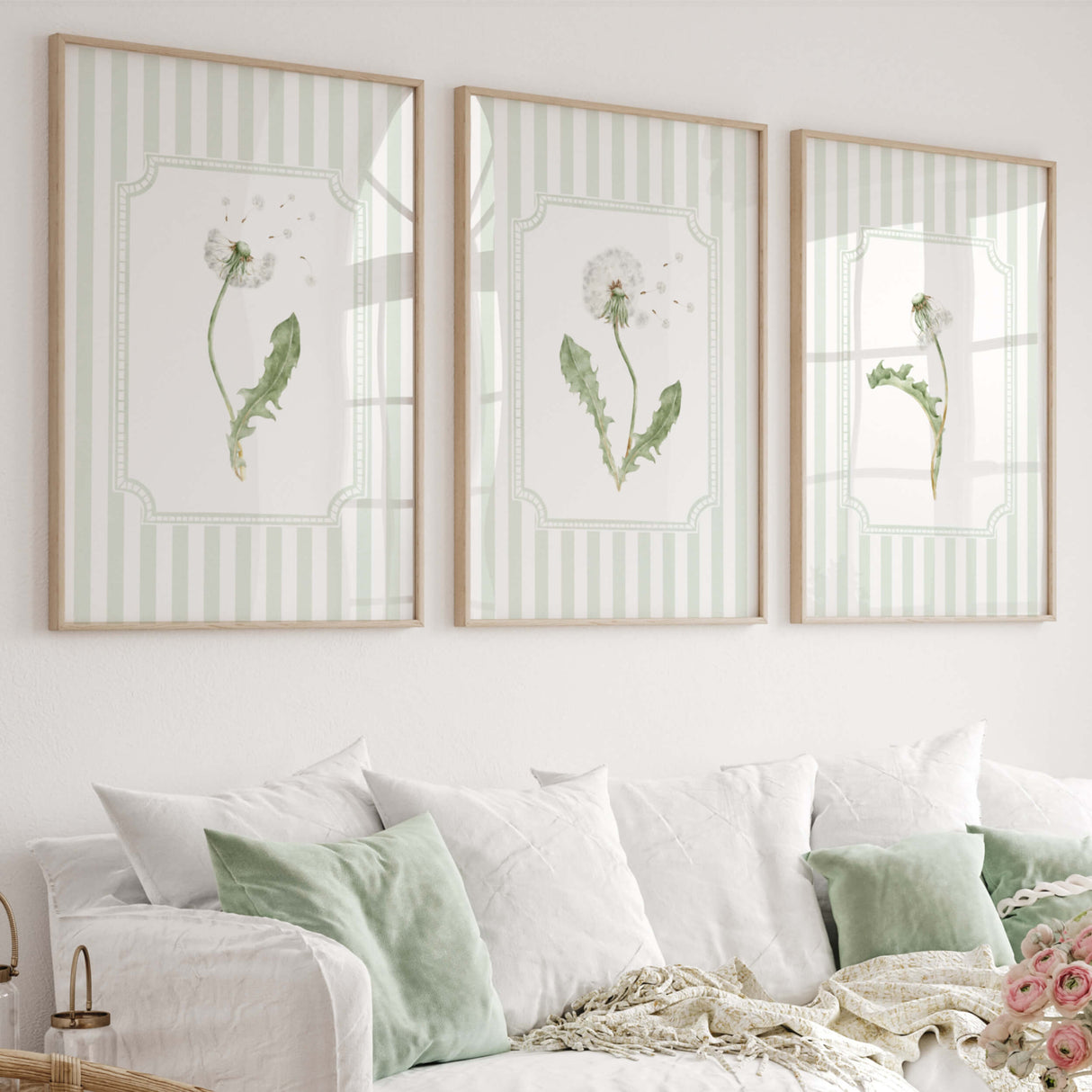 Dandelion printable wall art set of 6 with sage green striped background botanical illustration