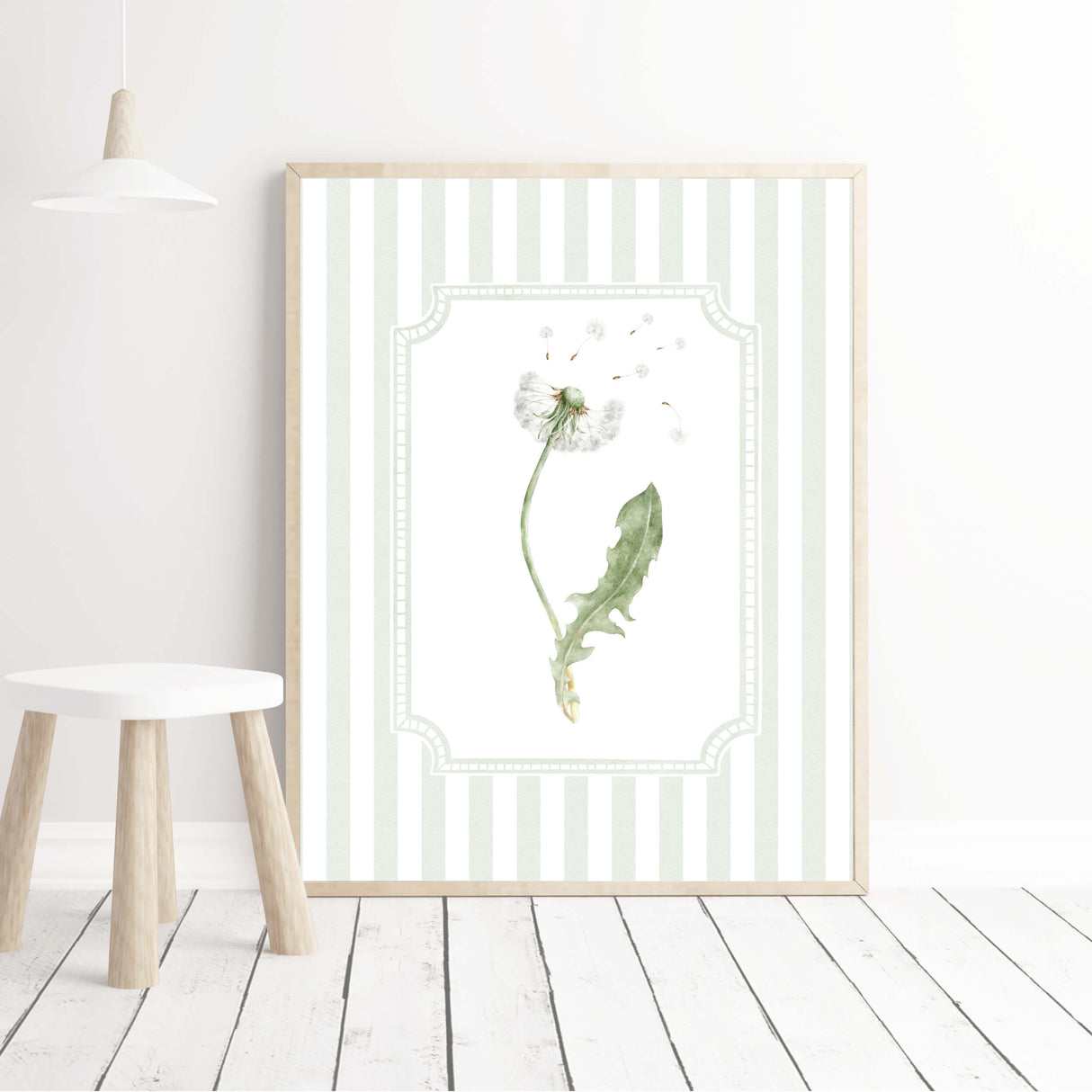 Set of 6 dandelion digital prints botanical illustrations in sage green stripe background