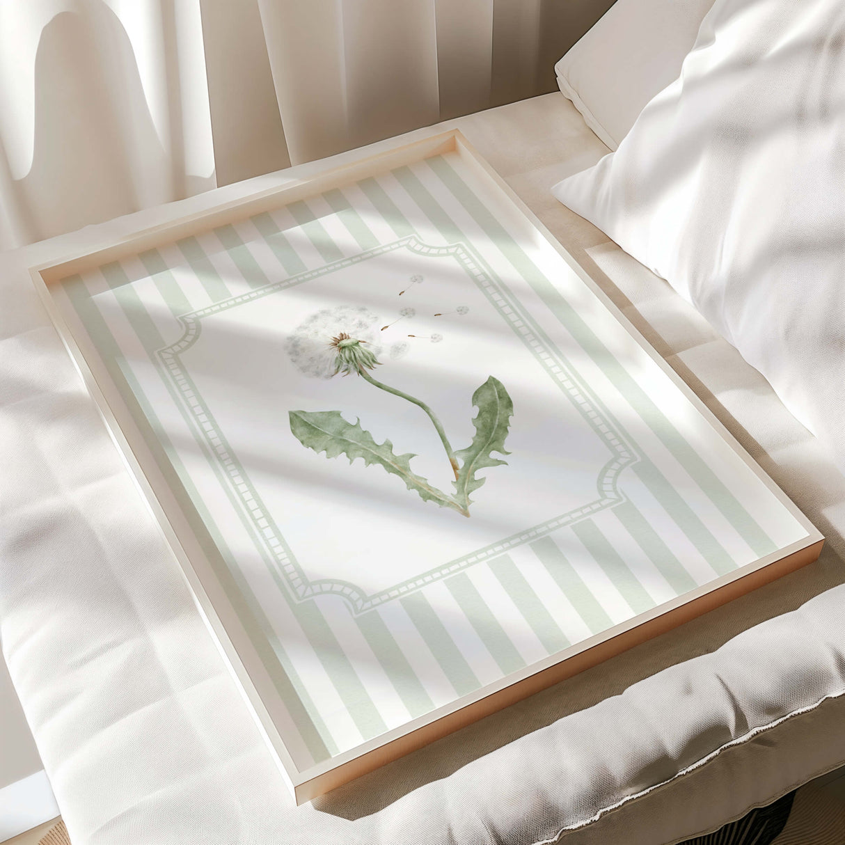 Printable dandelion wall art botanical illustration in sage green stripes aesthetic decor