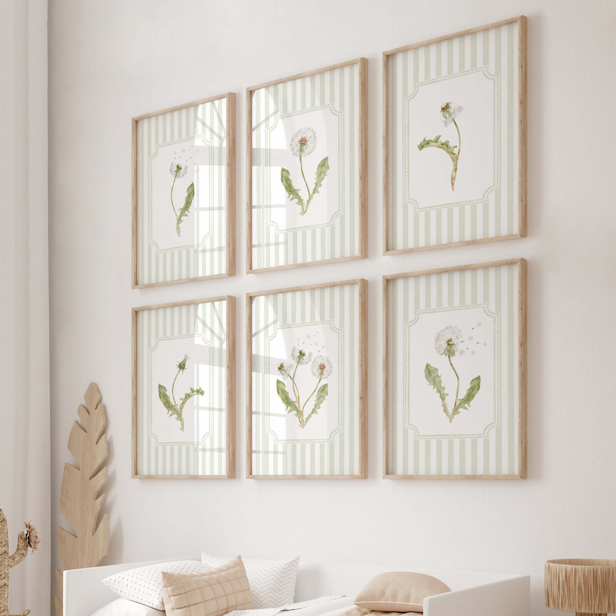 Minimalist dandelion botanical print with green striped background printable