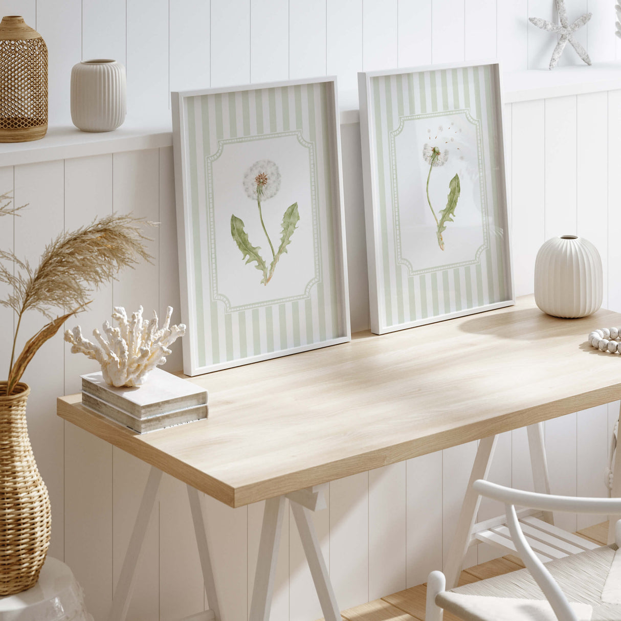 Sage green wall art with dandelion flower printable botanical decor set