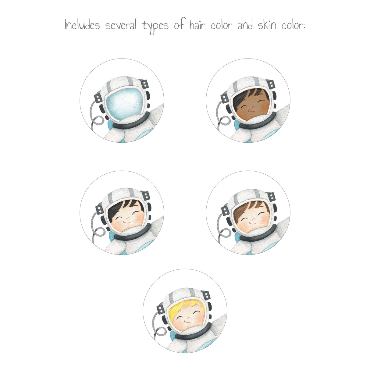 Watercolor astronaut boy print with different hair and skin color for boys room decor.