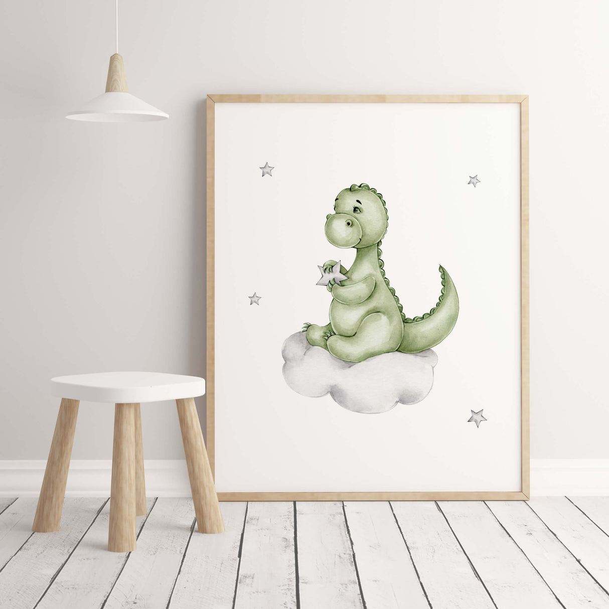 Watercolor dinosaur on the cloud printable in green and gray colors for toddler room decor, baby boys room decor.