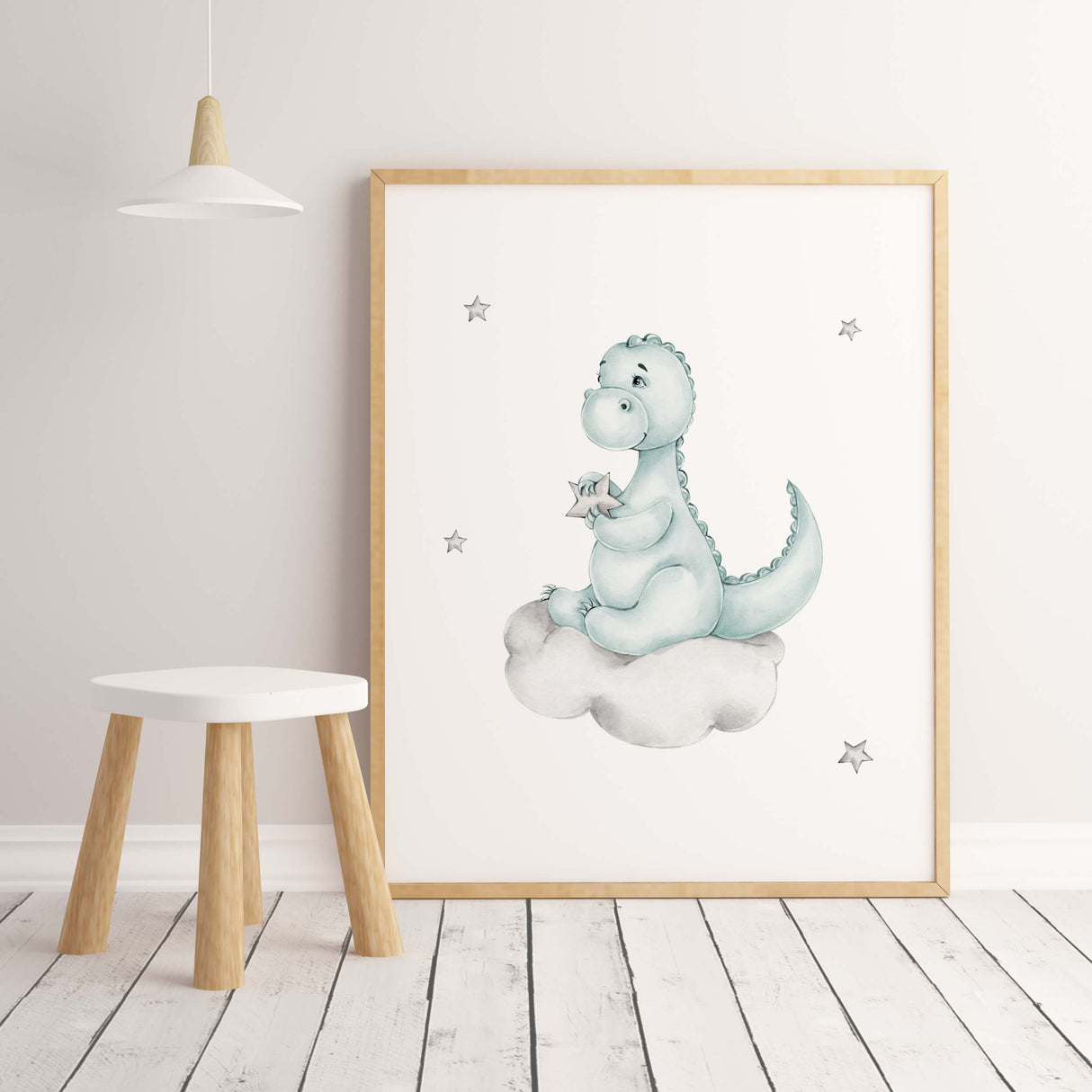 Watercolor dinosaur on the cloud in mint and gray colors print for toddler room decor, baby boys room decor.