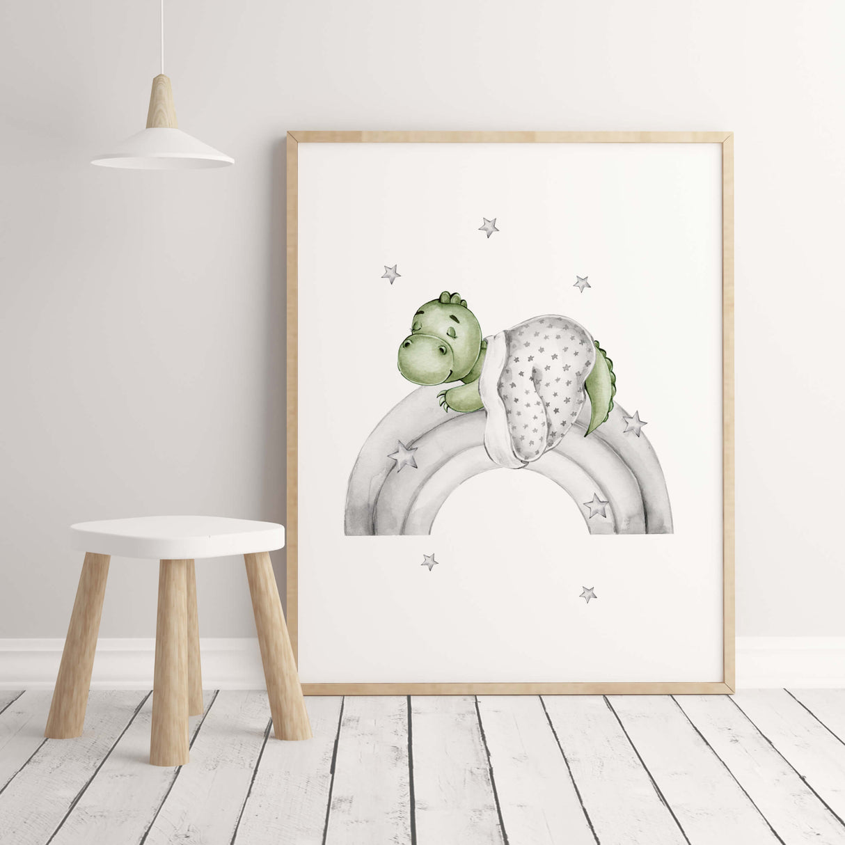 Watercolor dinosaur
on a rainbow print in green and gray colors for toddler room decor, baby boys room decor.