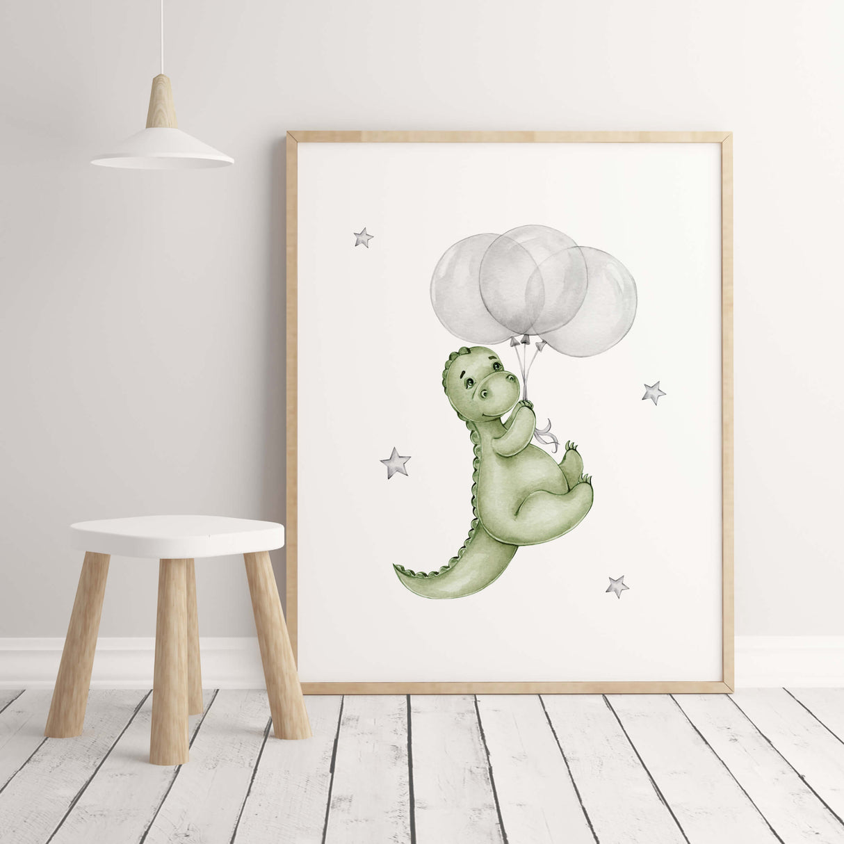 Watercolor dinosaur with balloon print in green and gray colors for toddler room decor, baby boys room decor.