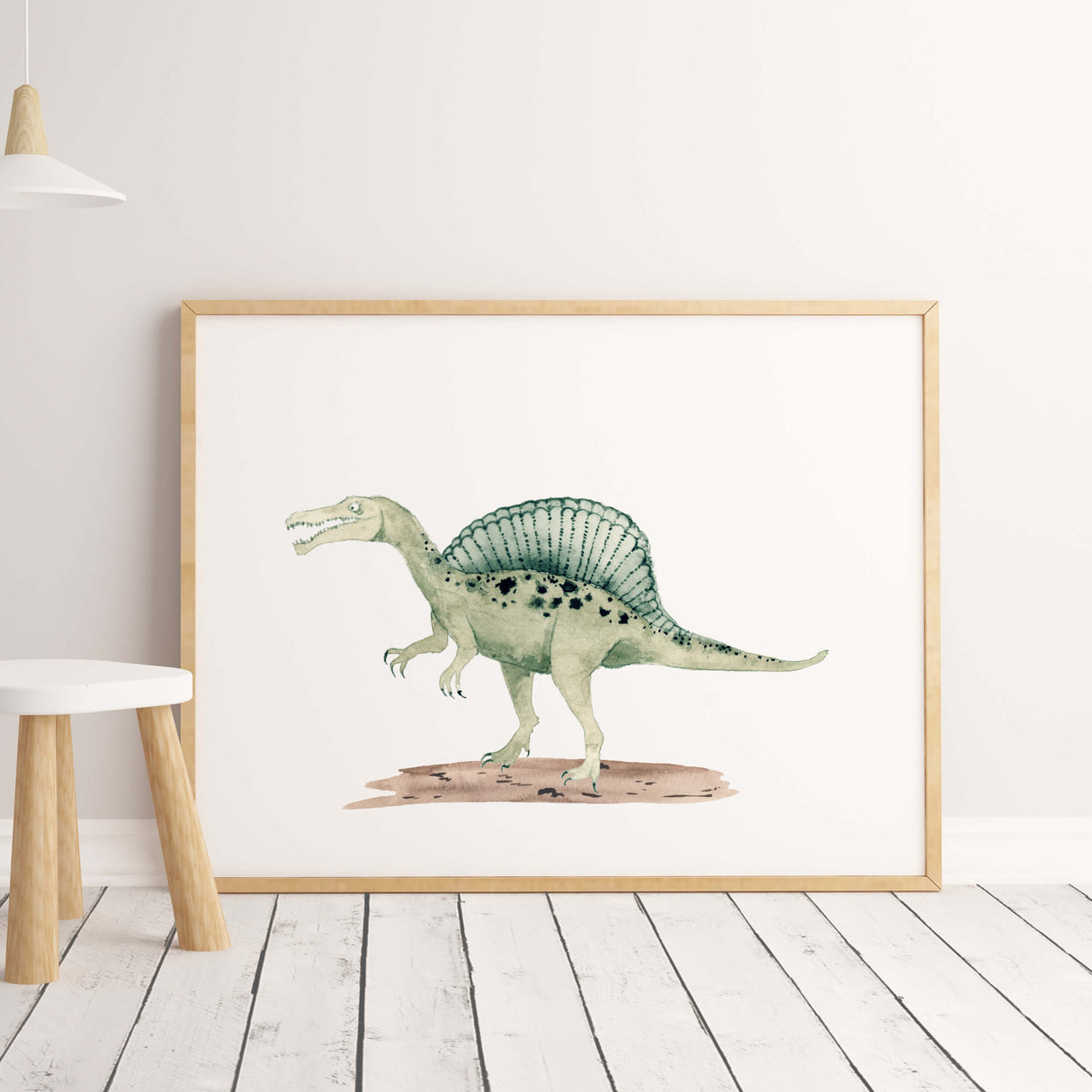 Watercolor spinosaurus print for kids room wall decor.