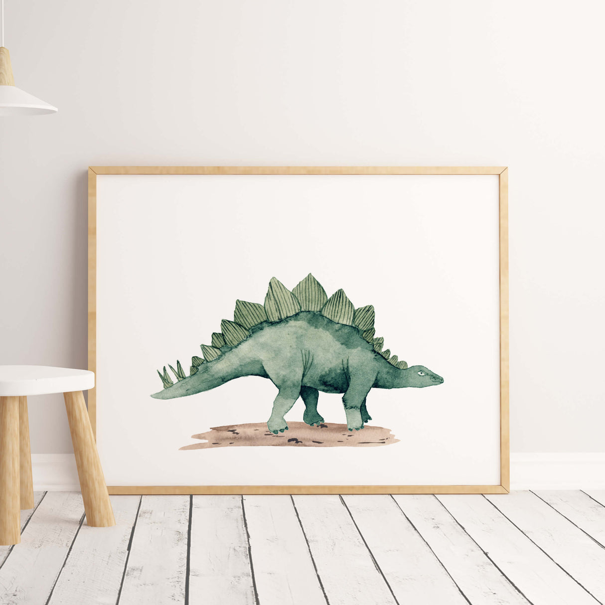 Watercolor stegosaurus printable for kids room decor.