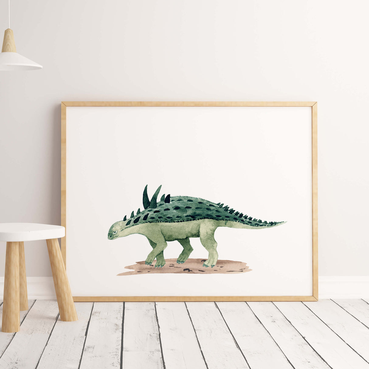 Watercolor acenthopolis dinosaur print for neutral baby room decor.