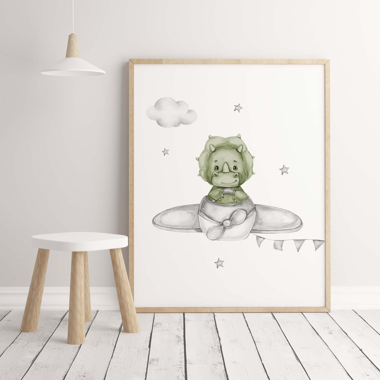 Watercolor dinosaur with airplane print in green and gray colors for toddler room decor, baby boys room decor.