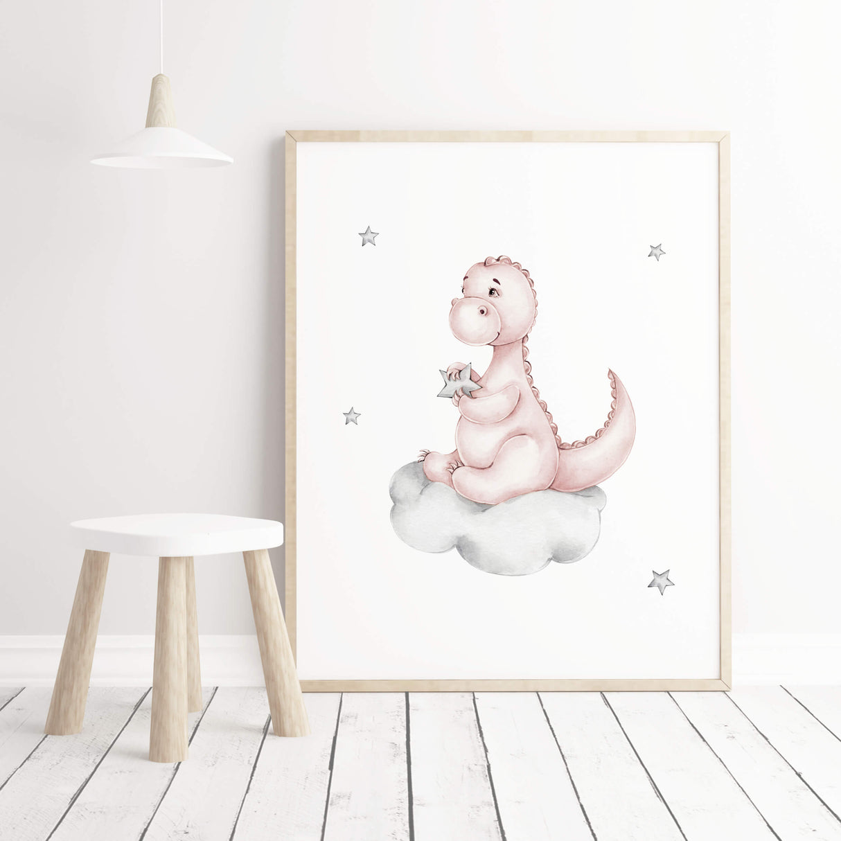 Watercolor dinosaur on a cloud print in pink, gray colors for baby girls room decor.