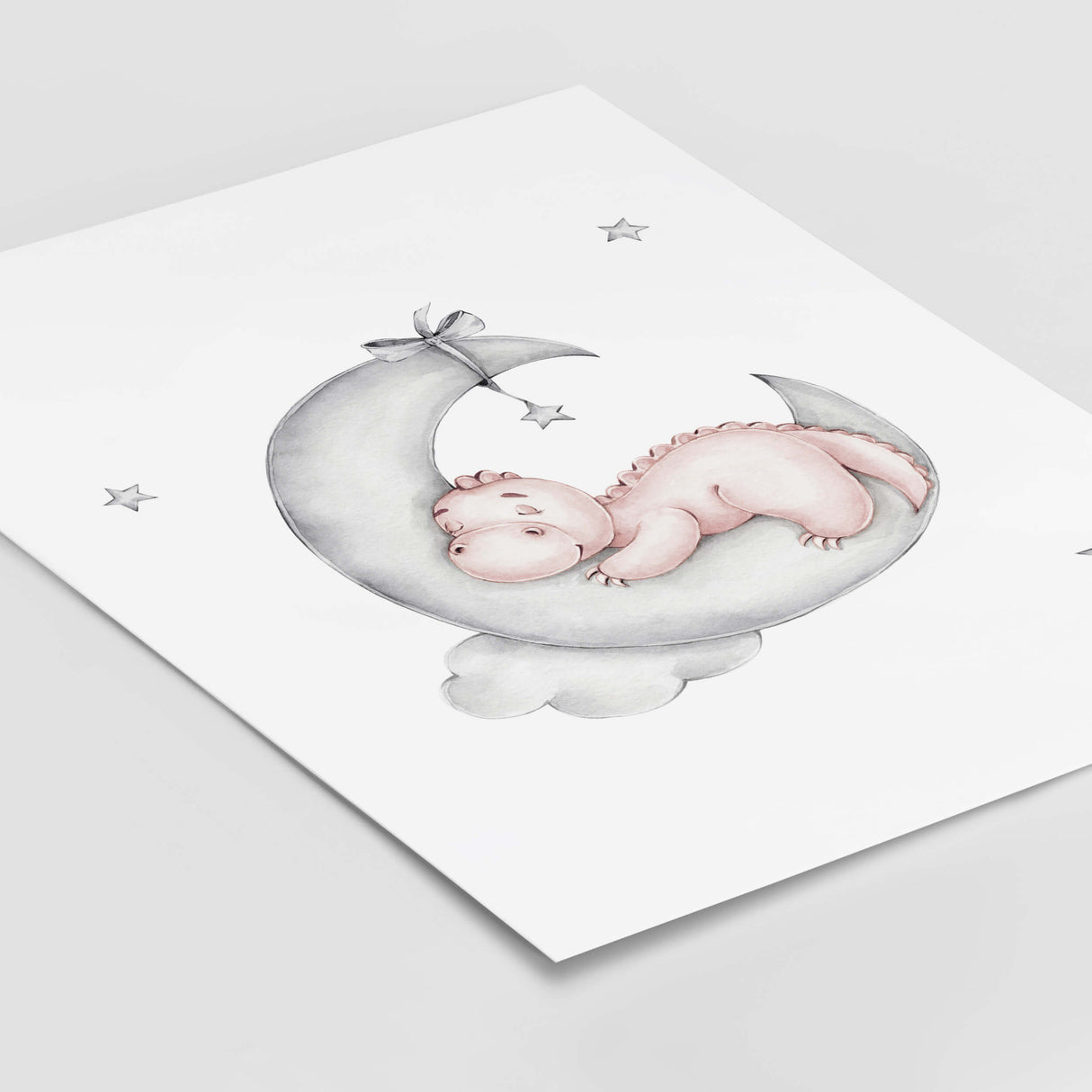 Watercolor dinosaur on the moon poster in pink, gray colors for baby girls room decor.