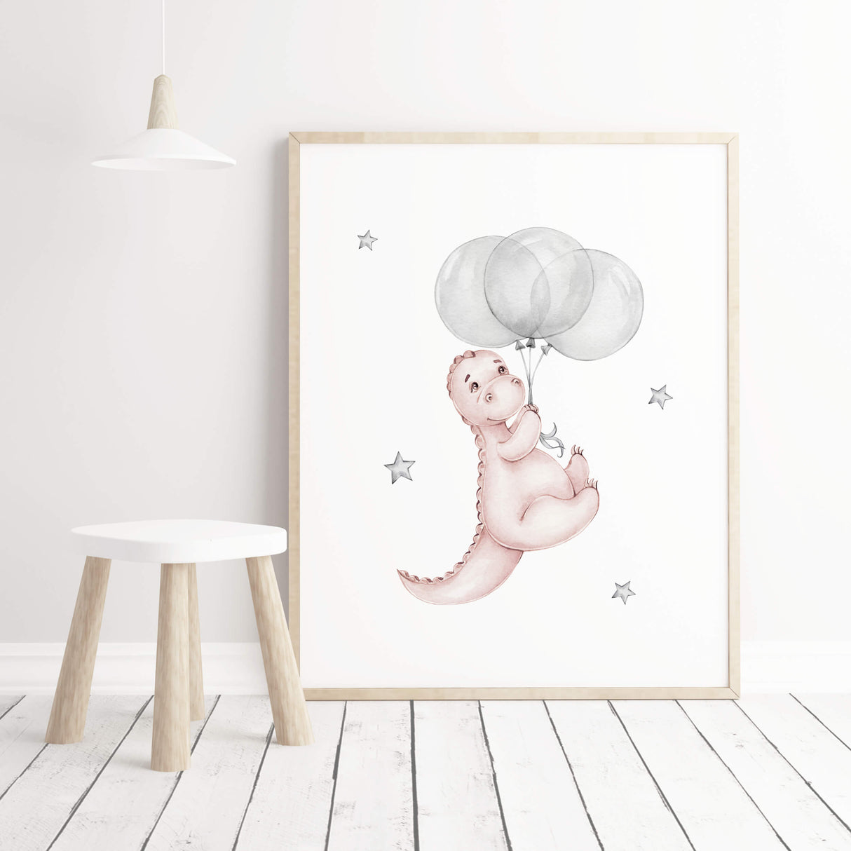 Watercolor dinosaur with balloon print in pink, gray colors for baby girls room decor.