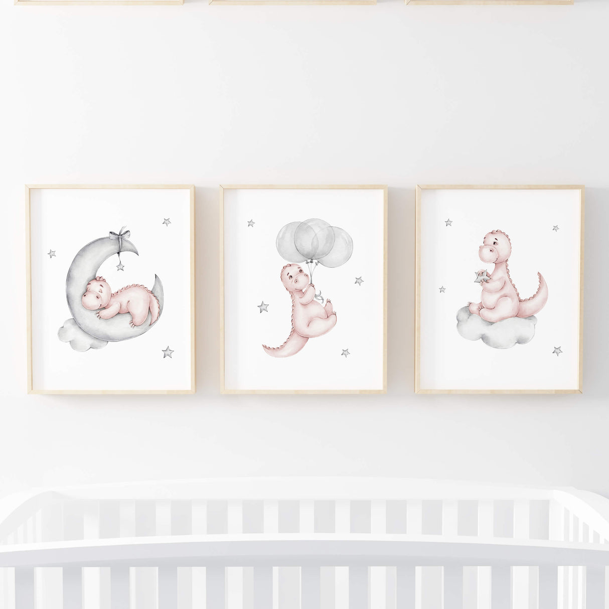 Set of 3 watercolor dinosaur printable in pink, gray colors for baby girls room decor.