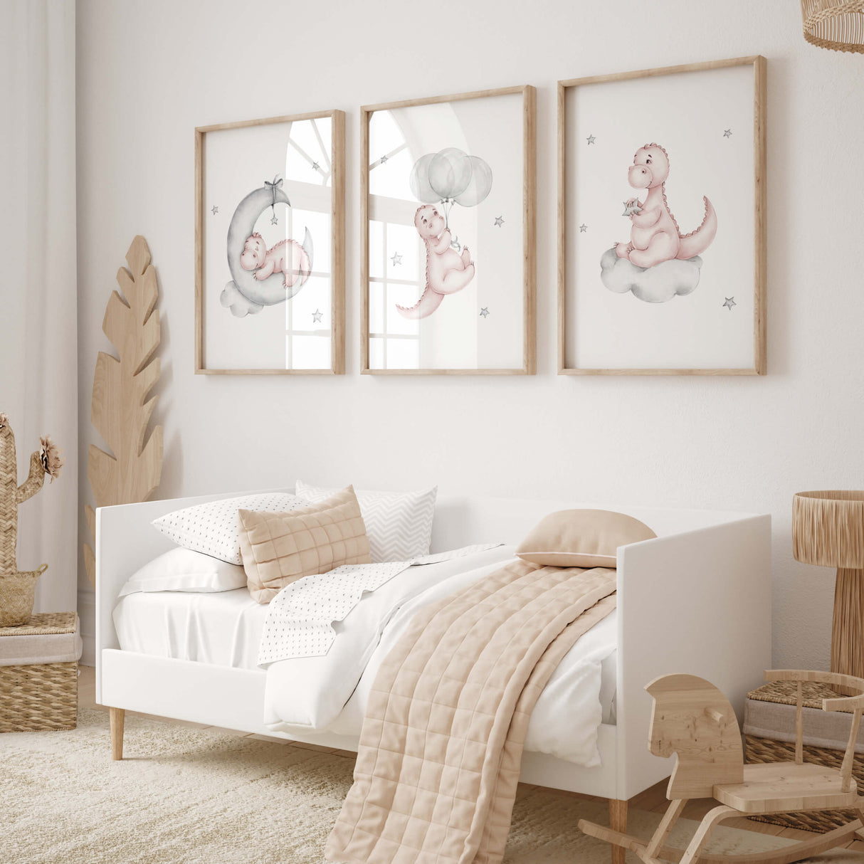 Watercolor dinosaur printable in pink, gray colors for baby girls room decor.