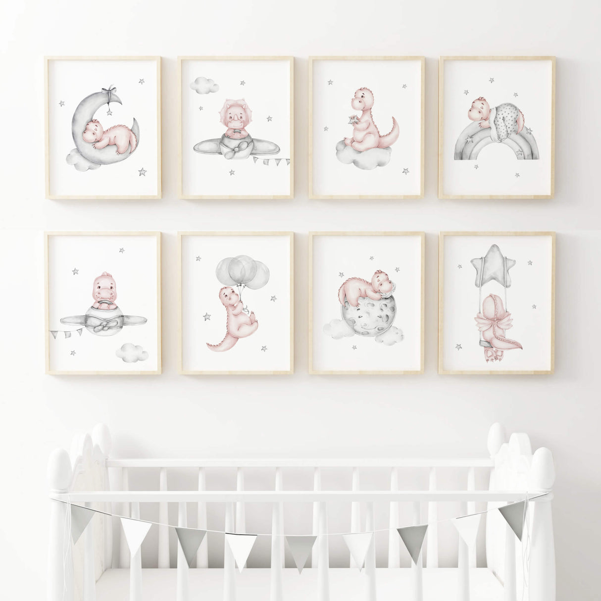 Watercolor dinosaur print in pink, gray colors for baby girls room decor.