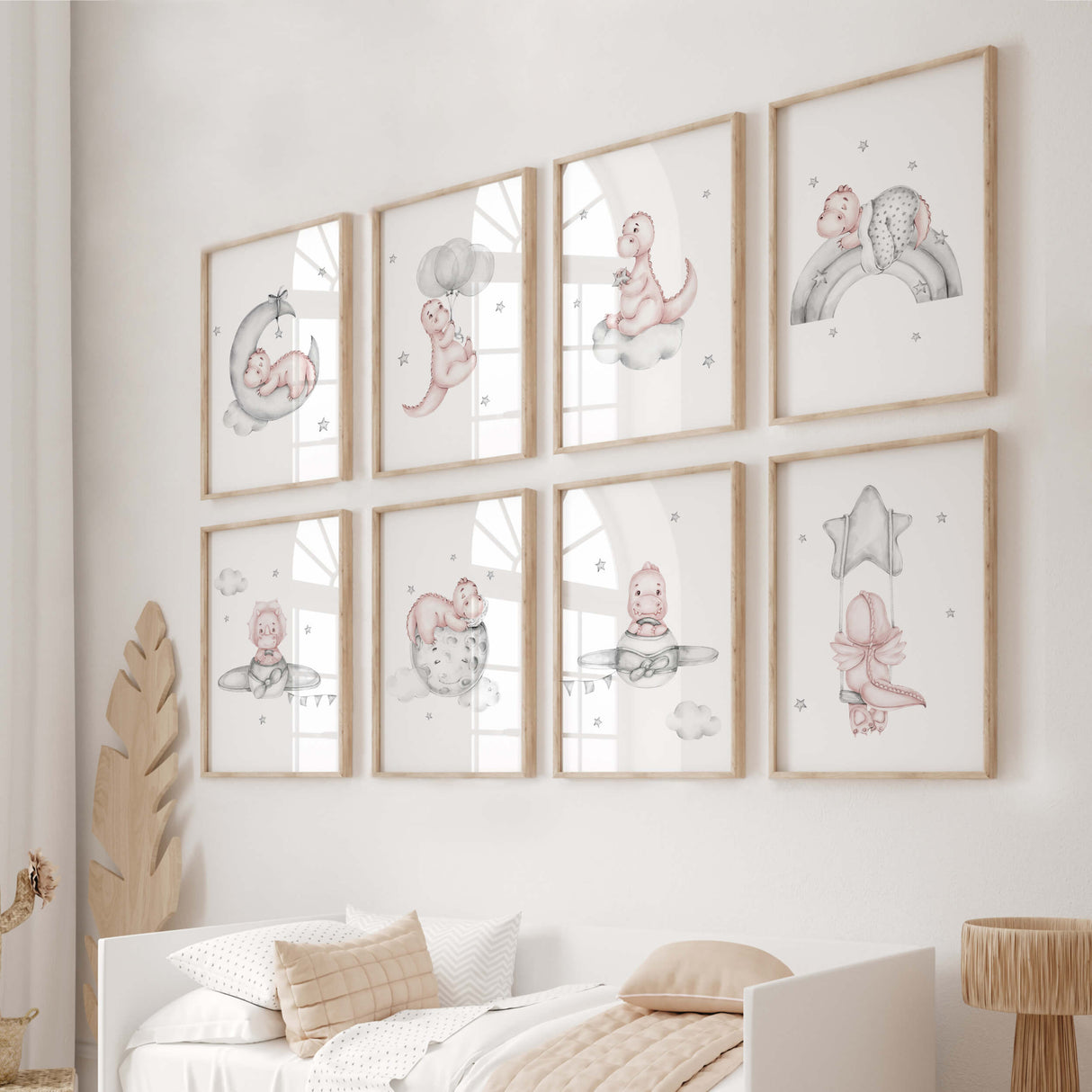 Watercolor dinosaur print in pink, gray colors for baby girls room decor.