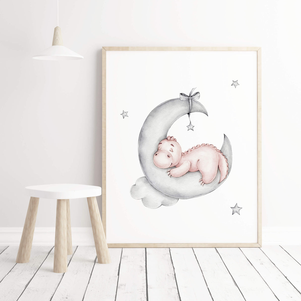 Watercolor dinosaur on the moon print in pink, gray colors for baby girls room decor.