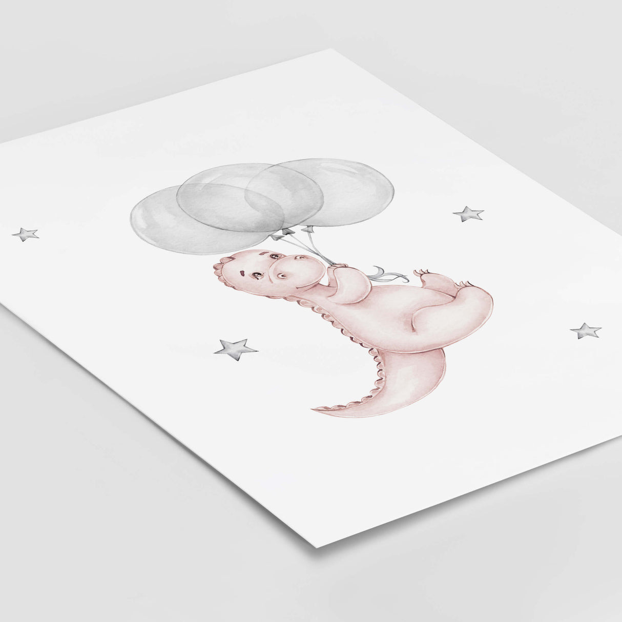 Watercolor dinosaur with balloon print in pink, gray colors for baby girls room decor.