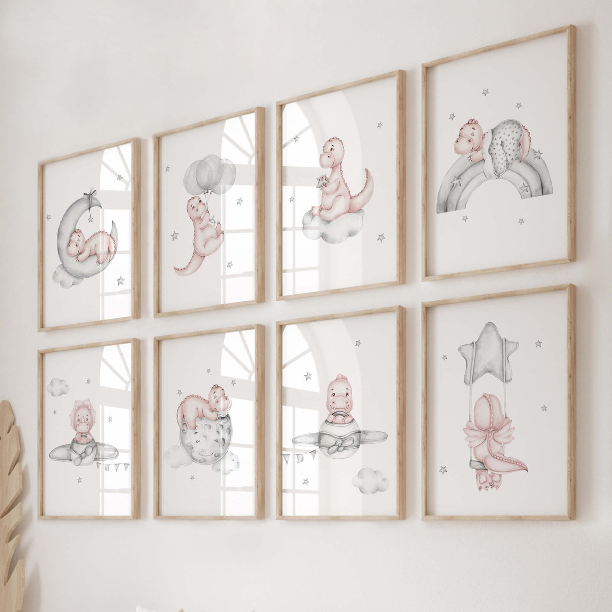 Baby Dinosaur Nursery Prints - Pink- Gray - Set of 8
