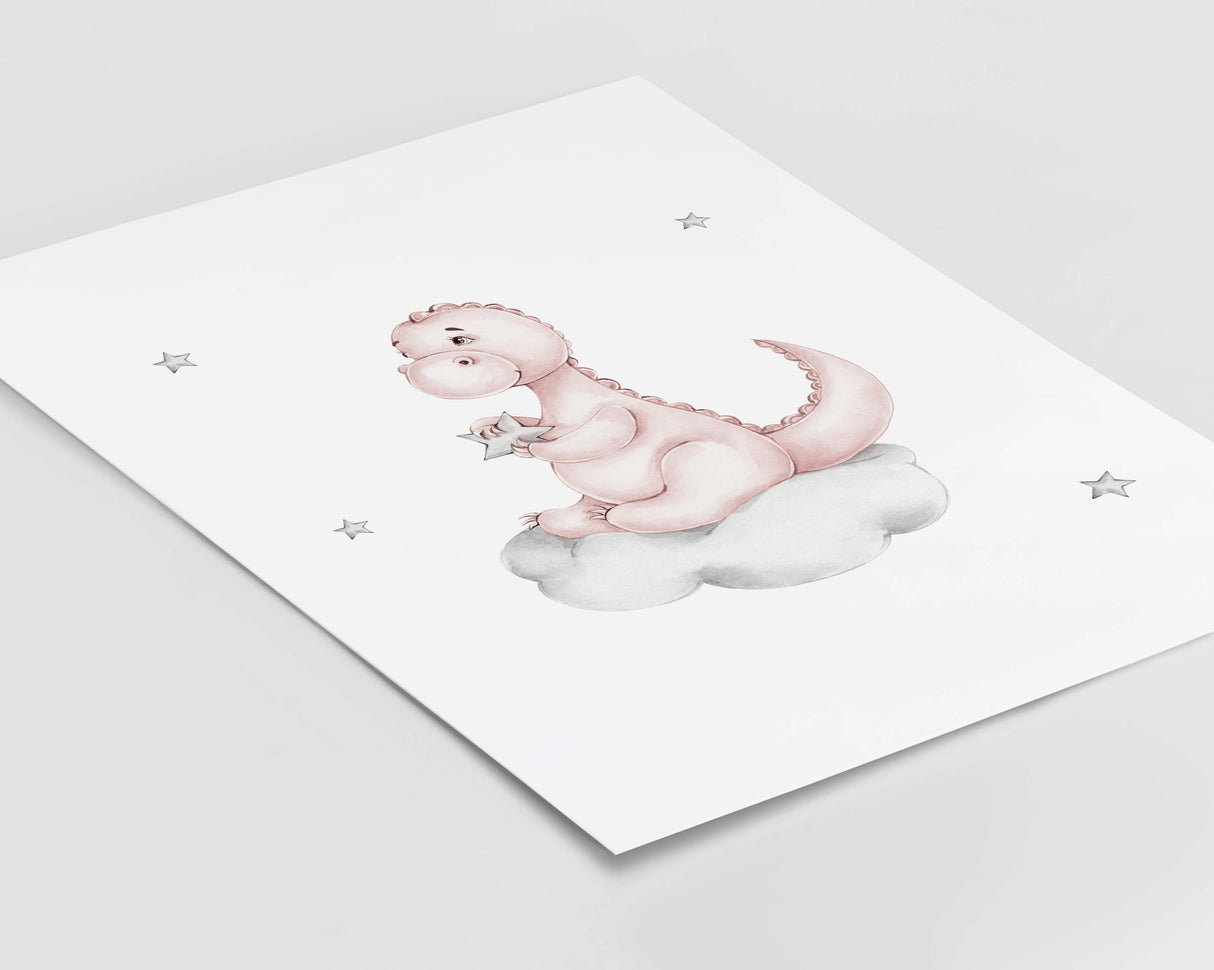 Watercolor dinosaur on a cloud print in pink, gray colors for baby girls room decor.