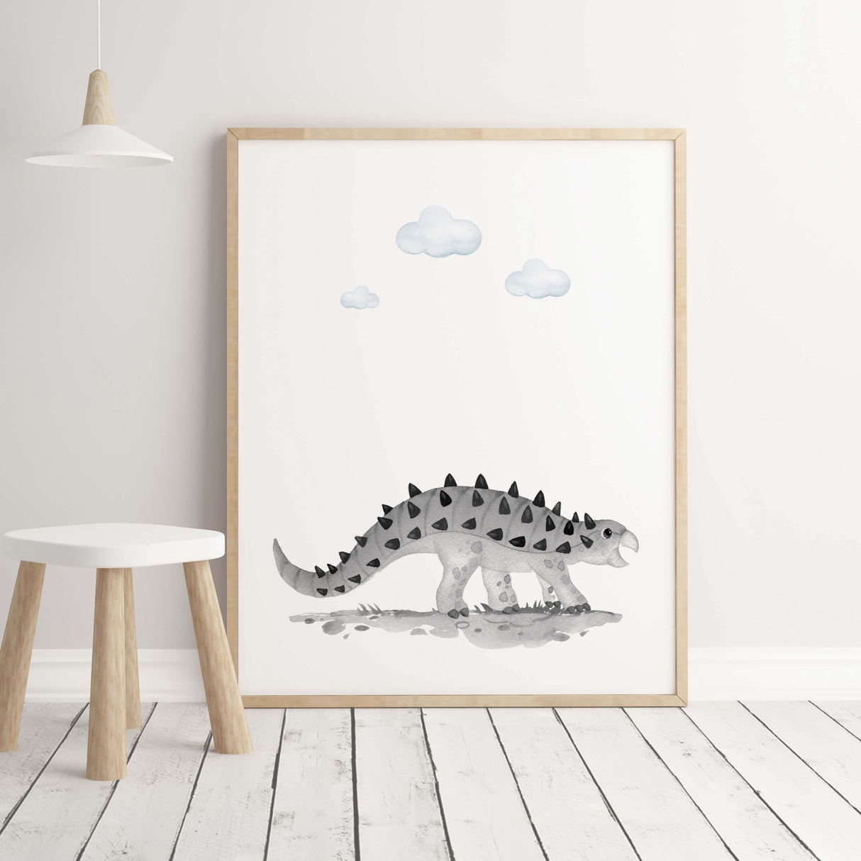 Watercolor gray dinosaur baby printable for toddler room decor.