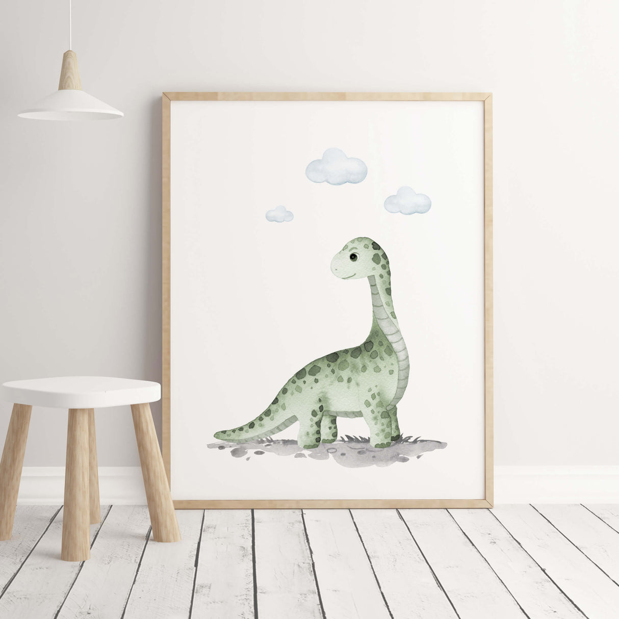 Sage green dinosaur poster for neutral room decor.