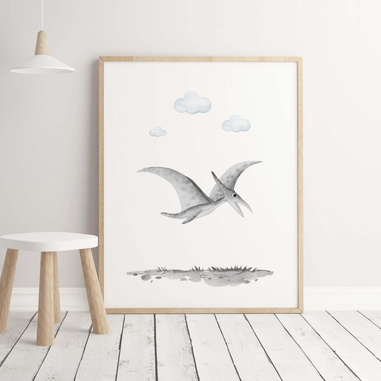Watercolor gray dinosaur print for boys room decor.
